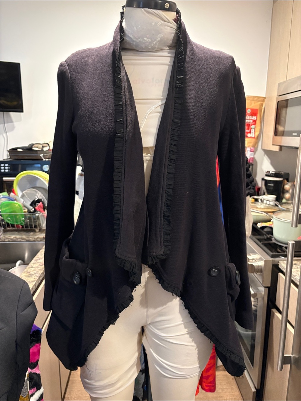 Free People Black Open-Front Ruffle-Trim Cardigan